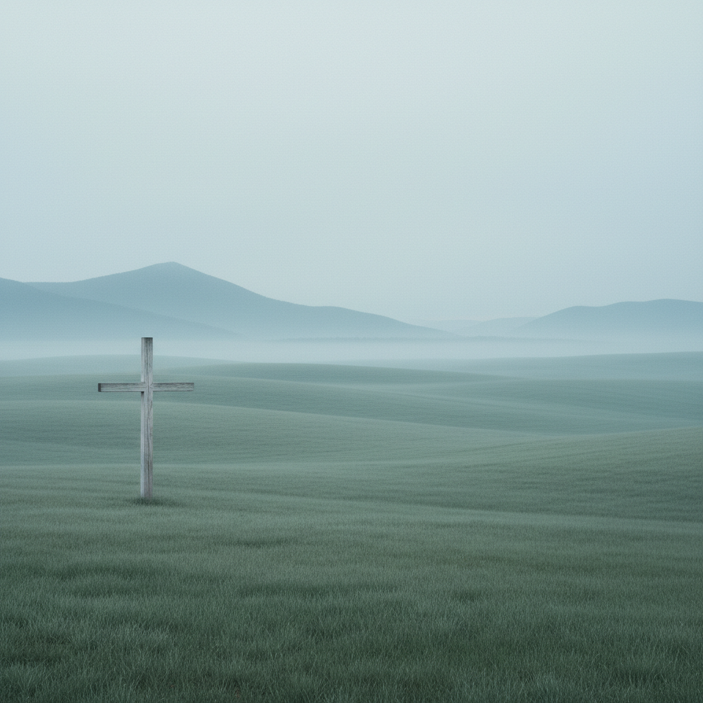 An expansive, minimalist landscape showing rolling fields of soft sage-green grass faded under gentle mist, leading toward distant, shadowy mountains. In the foreground, an unadorned wooden cross stands grounded in the earth, its weathered, pale wood grain visible in delicate detail. Early morning overcast light bathes the scene in subtle, cool tones and faint gradients, softening the contours and enriching the sense of depth. The composition employs the rule of thirds, with the cross off-center, and achieves a serene, reverent mood that speaks to the global reach and humble beauty central to the site's missional focus. The photographic style remains understated, conveying both grandeur and intimacy.